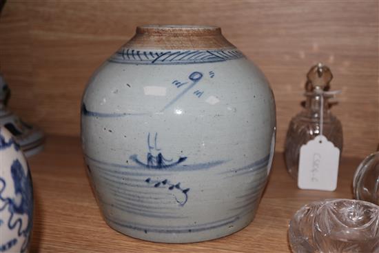 A Chinese blue and white lion-dog jar, Kangxi mark but late 19th century and a 19th century blue and white jar tallest 17cm, lacking